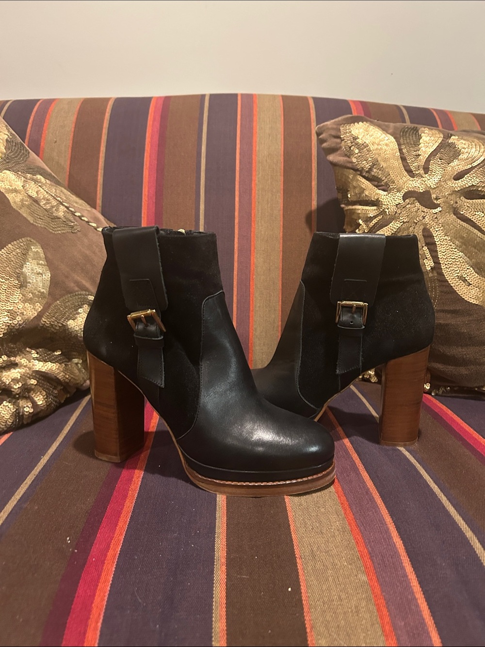 Black Leather & Suede Block Heel Ankle Boots - Women's